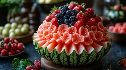 Watermelon Fruit Carving with Strawberries and Blackberries