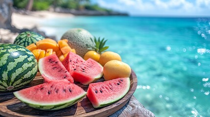 Watermelon Mango Pineapple Summer Fruit Platter on Tropical Beach