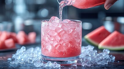 Watermelon Juice Pouring into Glass with Ice Cubes