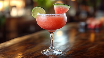 Watermelon Margarita Cocktail on Wooden Bar