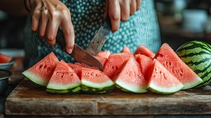 Woman's Hands Cutting Juicy Watermelon Slices on Rustic Wooden Board