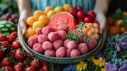Woman's Hands Holding a Bowl of Assorted Summer Fruits