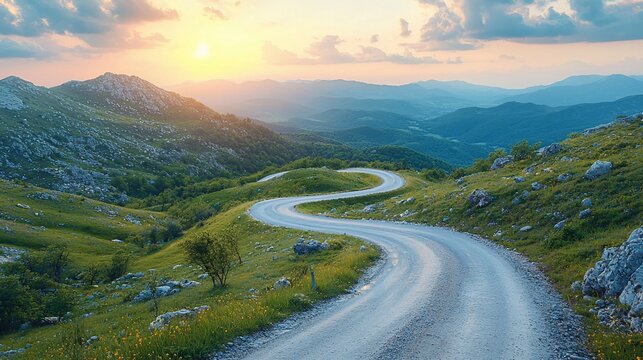 Scenic winding mountain road at sunset with rolling hills in the background