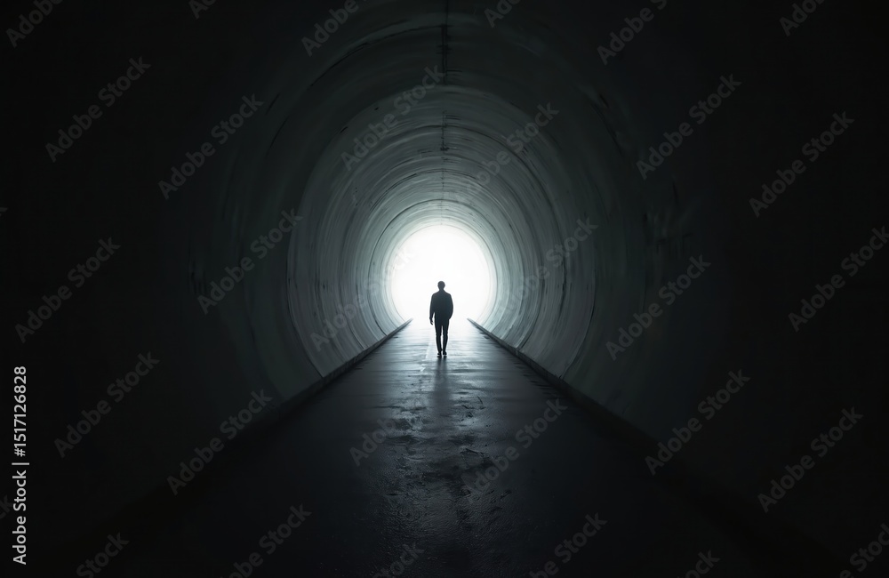 Poster silhouette man walks through dark tunnel. light exit at end way. urban modern architecture, symbol o