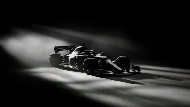 Formula 1 car partially illuminated in a dark dramatic spotlight, stylized in black and white with moody shadows and sleek design highlighting its powerful profile

