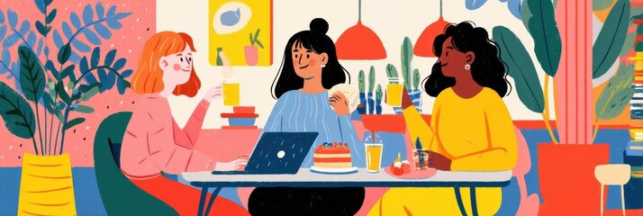 Friends Enjoy Desserts and Chat in a Cozy Coffee Shop While Using a Laptop, Creating a Relaxed Atmosphere for Conversation and Connection