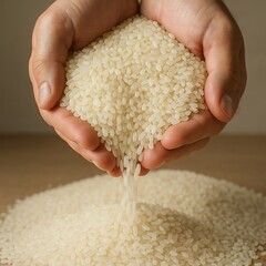 両手にこぼれ落ちる白米のアップ