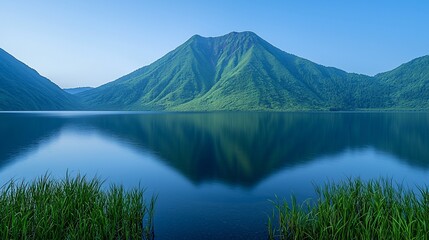 Serene lake reflecting mountain peaks