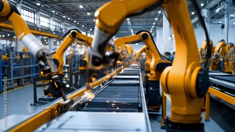 Poster automated welding process with robotic arms producing sparks in a modern factory environment on a co