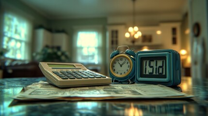 Calculator, clock, newspaper on kitchen counter