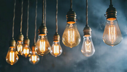 Obraz premium multiple eclectic bulbs hanging with smokey background.ai 