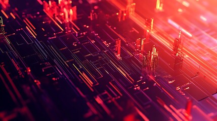 Abstract red data streams and digital grid structures are seen under artificial light