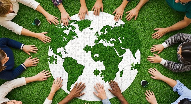 Hands of diverse people uniting around a green Earth. 