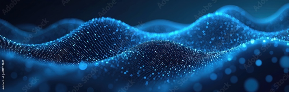 Poster abstract digital illustration with blue glowing particles. futuristic technology background with wav