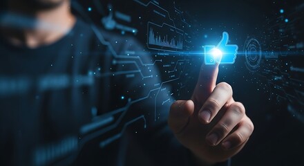 A man is touching the glowing "like" button in a futuristic interface. 