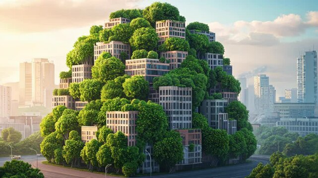 Urban greenery integrated with modern architecture in a vibrant cityscape.