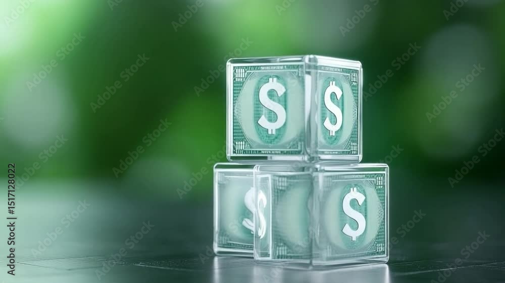 Poster financial cubes: a close-up of stacked clear cubes with the dollar sign, set against a soft green ba