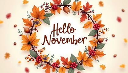 Obraz premium Hello November Autumn Leaves and Berries Wreath Celebrating Fall Season