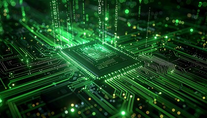 Glowing Green Circuit Board: Digital Data Flow