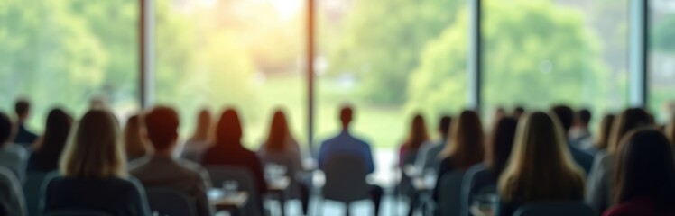 Blurred silhouettes of people seated in rows, likely classroom conference. Large windows reveal green plants outside, suggesting learning, training, business event. Light illuminates room with