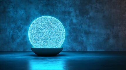 Glowing blue wireframe sphere rests in a bowl against a textured wall, reflecting light