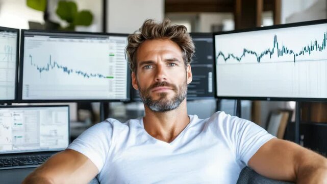 Professional man in modern office utilizing technology for finance and data analysis insights.