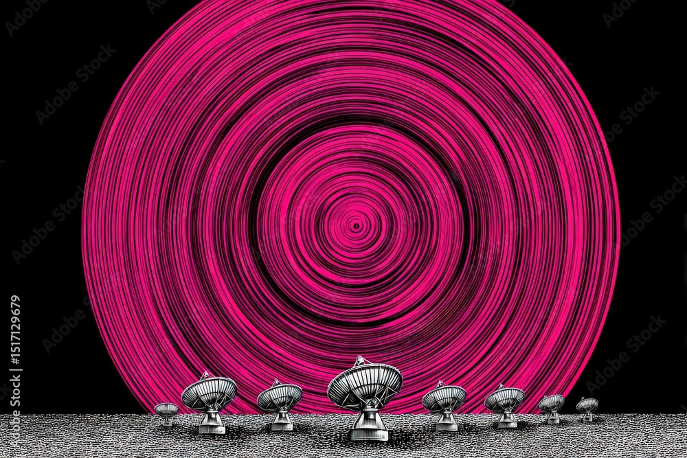 Poster a mesmerizing array of satellite dishes set against a vibrant pink spiral background creating a stun