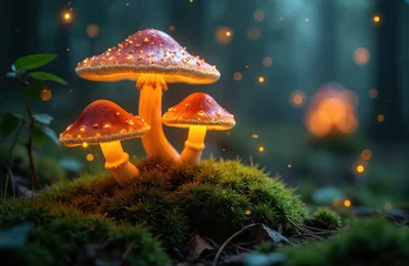 Fleecedeken met foto Glowing mushroom lamps in dark forest with fireflies on moss. Fantasy night scene with magic, fairy tale elements. Nature concept art, mystical, fungal, autumn vibes. © Vadym