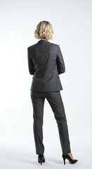 A business woman in professional attire posing from the back. 