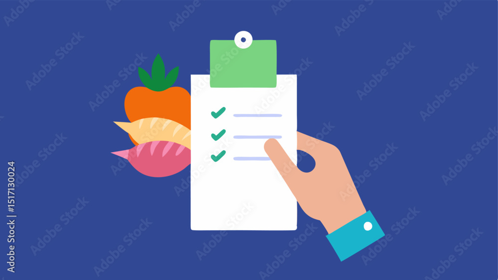 Poster grocery list a hand holding a notepad with a personalized grocery list featuring items like quinoa k