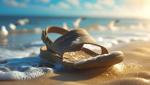 A pair of sand-covered sandals left on the beach near the water&rsquo;s edge