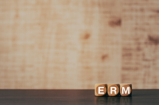 There is wood cube with the word ERM. It is an abbreviation for Enterprise Risk Management as eye-catching image.