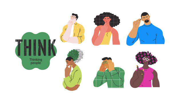 Thinking people, modern flat vector concept illustrations set- people standing thoughtfully. Metaphor for reflection, analysis, introspection, contemplation, deep thought