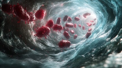 Red microbes flowing through a vessel.  Microscopic view of pathogens in a circulatory system.