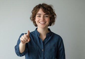 Smiling Young Woman Pointing Finger with Curly Hair Isolated on Grey Background, Cheerful and Positive Expression Studio Shot