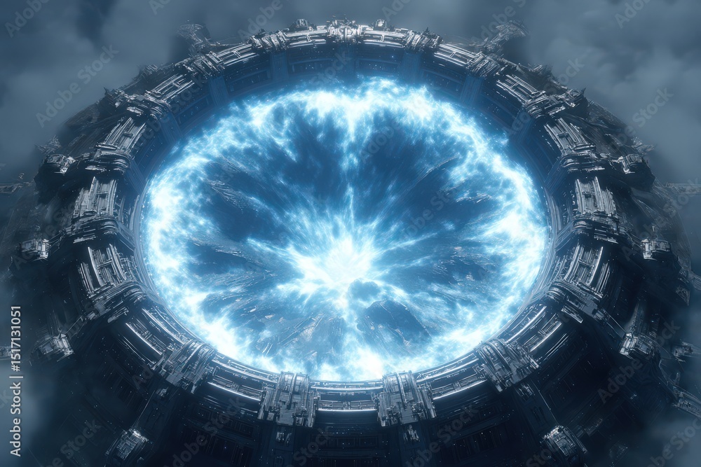 Poster dynamic cosmic portal radiating energy through the stormy clouds showcasing intricate metallic struc