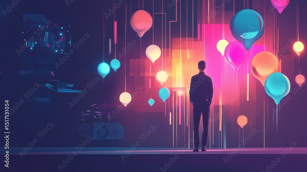 Poster a futuristic scene with a person contemplating abstract shapes.