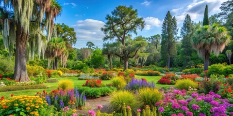 A vibrant garden in Florida surrounded by majestic cypress trees, with a variety of native plants and wildflowers blooming in the foreground, florida nature, native florida plants