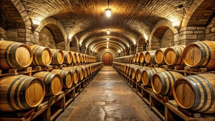 underground cellar with rows of dusty wine bottles and aging oak barrels