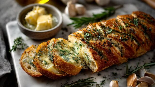 Sliced garlic bread with butter and herbs on marble board, rustic close-up composition

