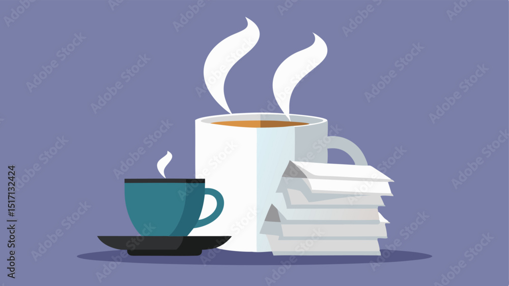 Poster cup of coffee a steaming cup of coffee on a table next to messy receipts signifying the need for a c