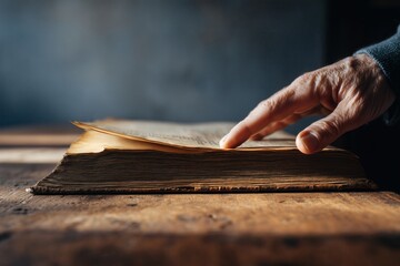 Hand delicately turns the aged pages of a thick book, creating a nostalgic moment filled with mystery and intrigue on a wooden table.