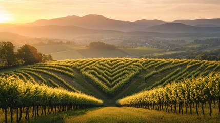 Fototapeta premium Idyllic vineyard landscape with rolling hills and rows of grapevines bathed in golden light