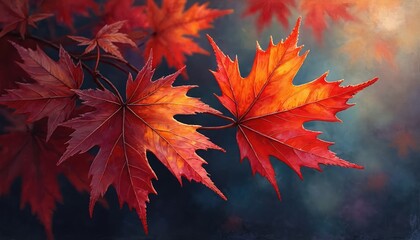 Autumn leaves close-up. Warm red, orange colors in oil painting style. Maple leaves on a tree branch. Nature, fall season. Art, design element, wallpaper background.