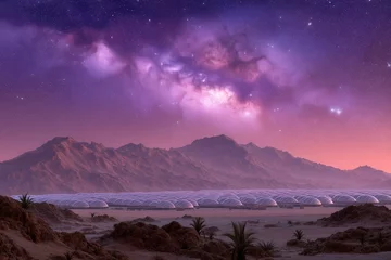 Gardinen A stunning panoramic view of futuristic biomes thriving in a desert landscape under a celestial night sky filled with stars illuminated by a colorful galaxy and framed by majestic mountains © Leo Rohmann