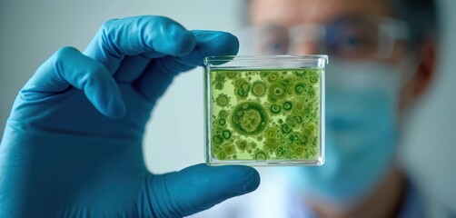 Scientist holding sample bacteria in test tube for medical research healthcare study. Doctor wearing protective gloves, mask examines legionella sample up close in microbiology lab.