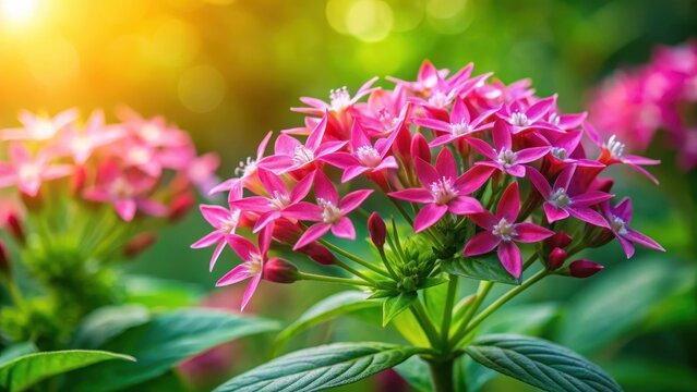 Vibrant pentas flowers on a blurred green background, with delicate petals and intricate details, set against a soft focus landscape , flowers, floral arrangement