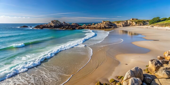 Vue sur la plage de sable fin blanc de la bord de mer en Bretagne avec des rochers et des vagues, coastal scenery, white sand