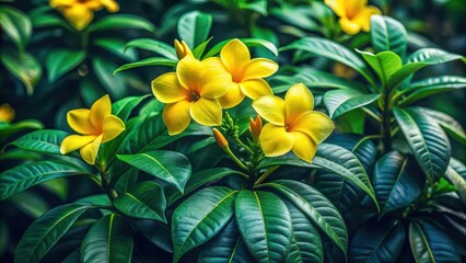 Obraz premium Exotic tropical plant with glossy dark green leaves and vibrant yellow flowers, greenery, nature, greenery