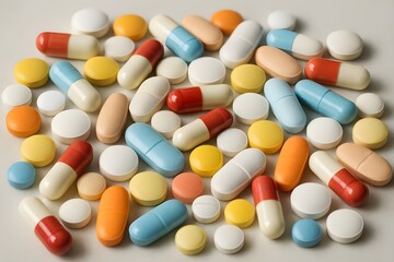Colorful tablets and capsules for healthcare and pharmaceutical purposes. Pills. Tablets. Background with medicines. Pharmacy or medical background. Healthcare. Drugs. Clinic. Hospital. Medication. 